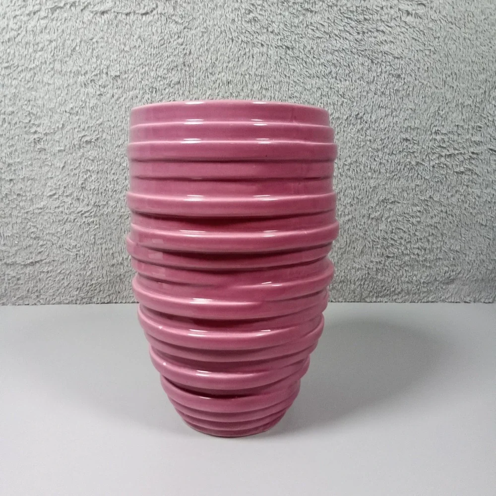 Pink‎ Ribbed Ceramic Beehive Vase Glossy Modern Tapered Decorative Vessel 7.5